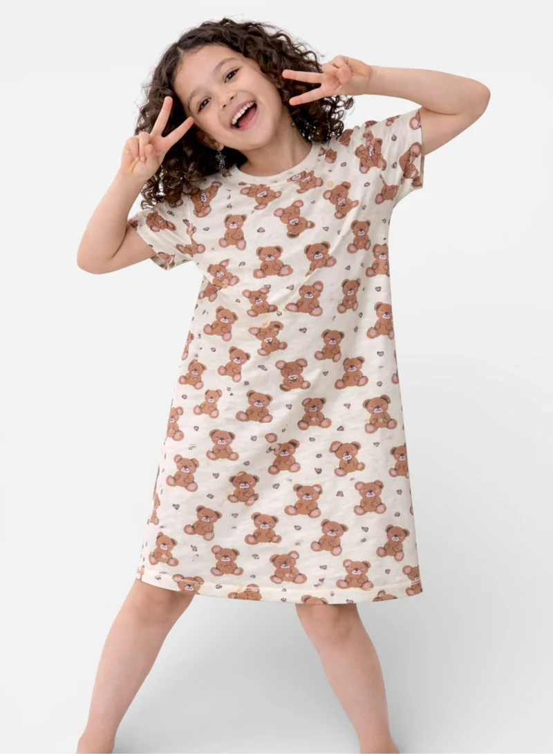 victor and jane Girls’ Nightdress – All-Over Teddy Print Sleep Tee Dress